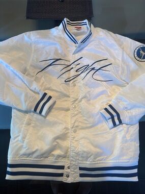 Jordan White Bomber Jacket with Navy Flight Script & Stripes